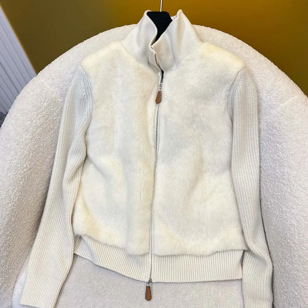 Cappotti in vera pelliccia di visone da donna, cardigan lavorato a maglia a collo alto e sciolto per l'inverno