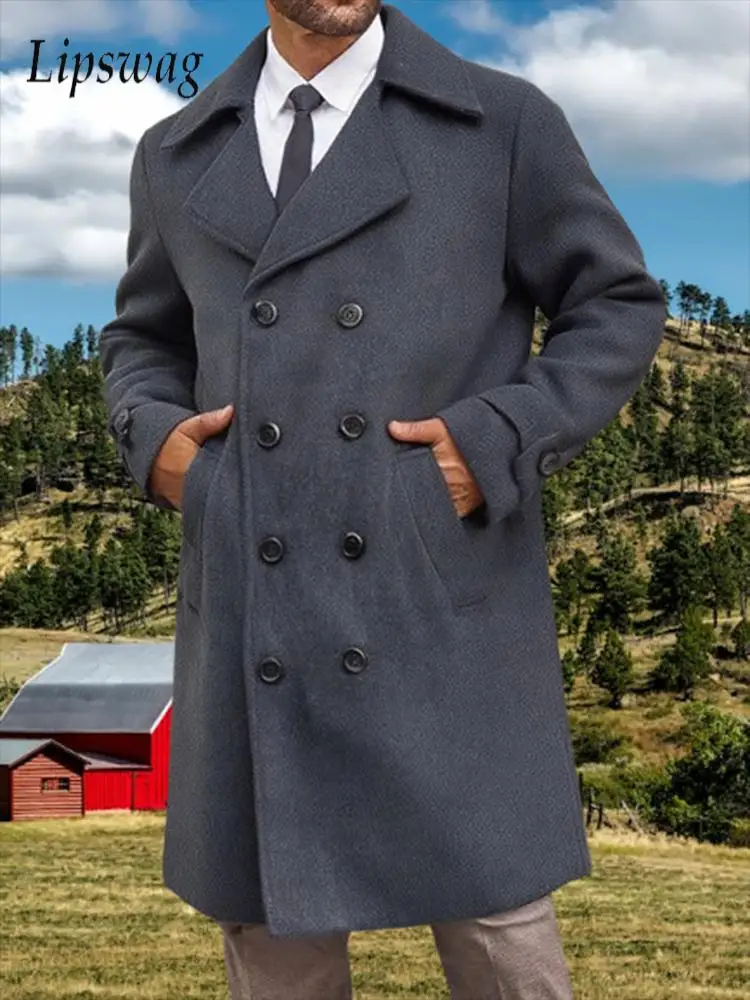 

Vintage Turn-down Collar Jackets Men's Long Coats Woolen Solid Color Double-breasted Cardigans Outerwear Men Fall Winter Jacket