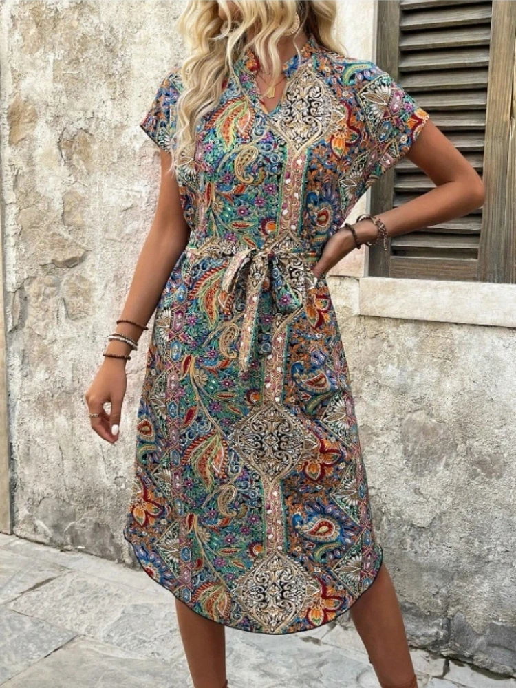2025 Summer Women's V-Neck Short Sleeve Boho Dress Holiday Vintage Maxi Dress Casual Summer Womens Clothings Dress Robes Female