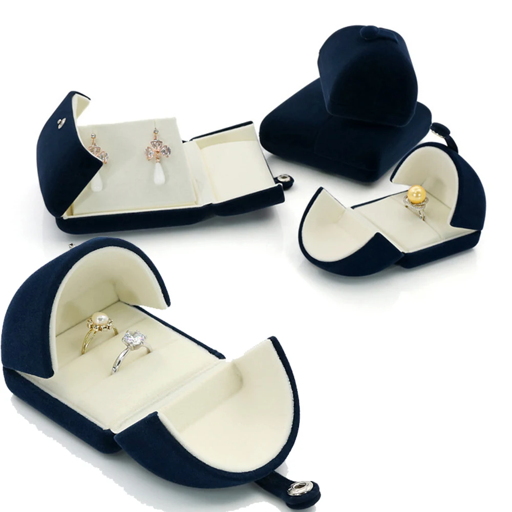 Navy Blue Velvet Jewelry Packing Box Proposal Double Opening Gift Case with Ivory Lining for Rings, Necklaces, Pendant Bracelet