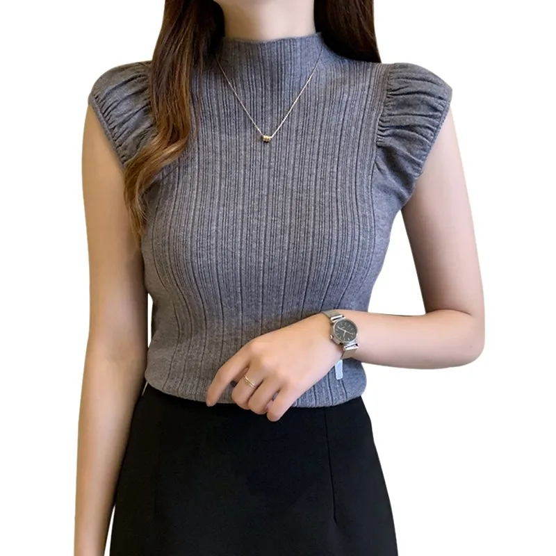 Women Tops Half High Collar Vest Solid Casual Female Sleeveless Knitted Summer Half Turtleneck Knitted Sleeveless T-Shirt