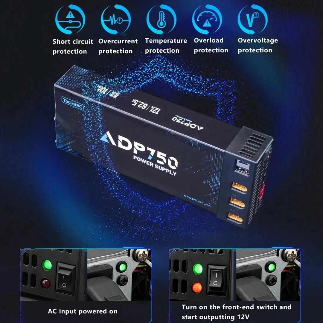 محول ToolkitRC ADP750 بقوة 750 وات DC12V 62.5A مع مخرج رأس الموز المتوازي XT60 لشاحن ذكي M8D M9 M6D M7 M8P