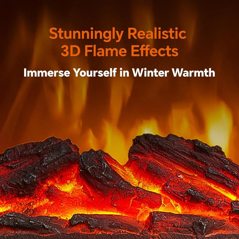 Shinic 電気暖炉ヒーター 屋内用、1500W 暖炉スペースヒーター、リアルな3D炎とパチパチ音、調整可能