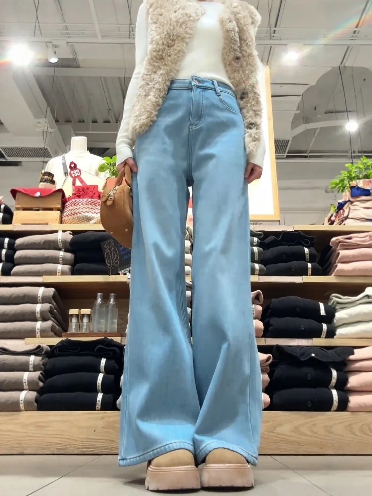 Pantaloni in denim Thi foderati Fce taglie forti Donna Inverno Pera ape Pantaloni larghi a vita alta slim a gamba dritta