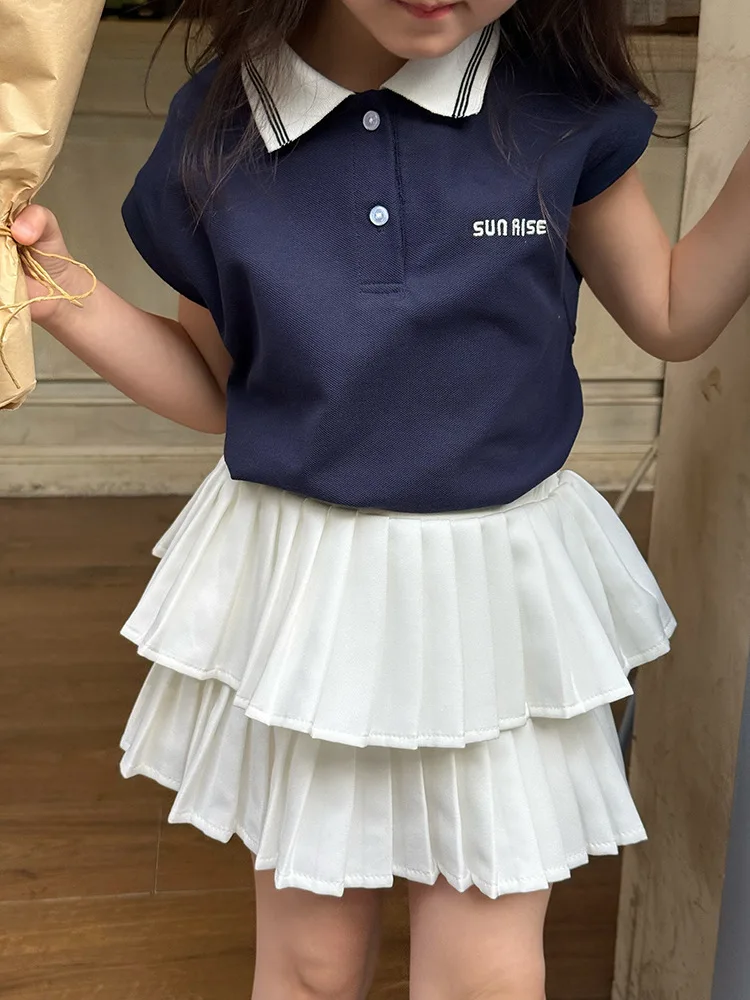 

2025 Summer Children's Casual T-shirt Sleeveless Top for Girls and Babies, Color Contrasting Small Collar Polo Tank Top