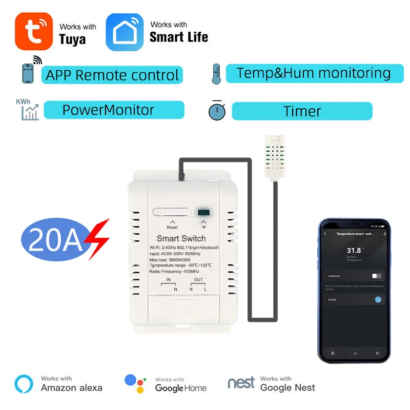 Controle do Módulo Interruptor Inteligente por Tuya Smart App, Temporizador de Temperatura e Umidade, Funciona com Alexa, Google Home, Wi-Fi, 3000W