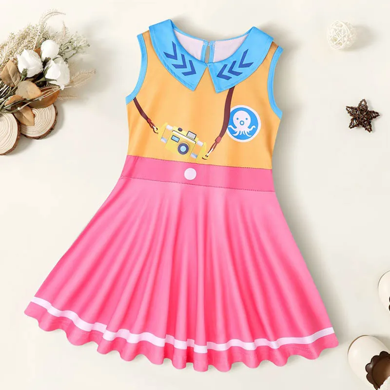 فستان الفتيات الصغيرات الصيفي فستان قصير الأكمام مطبوع عليه الأخطبوط فستان الأميرات الحرير الجليدي ملابس لطيفة للأطفال