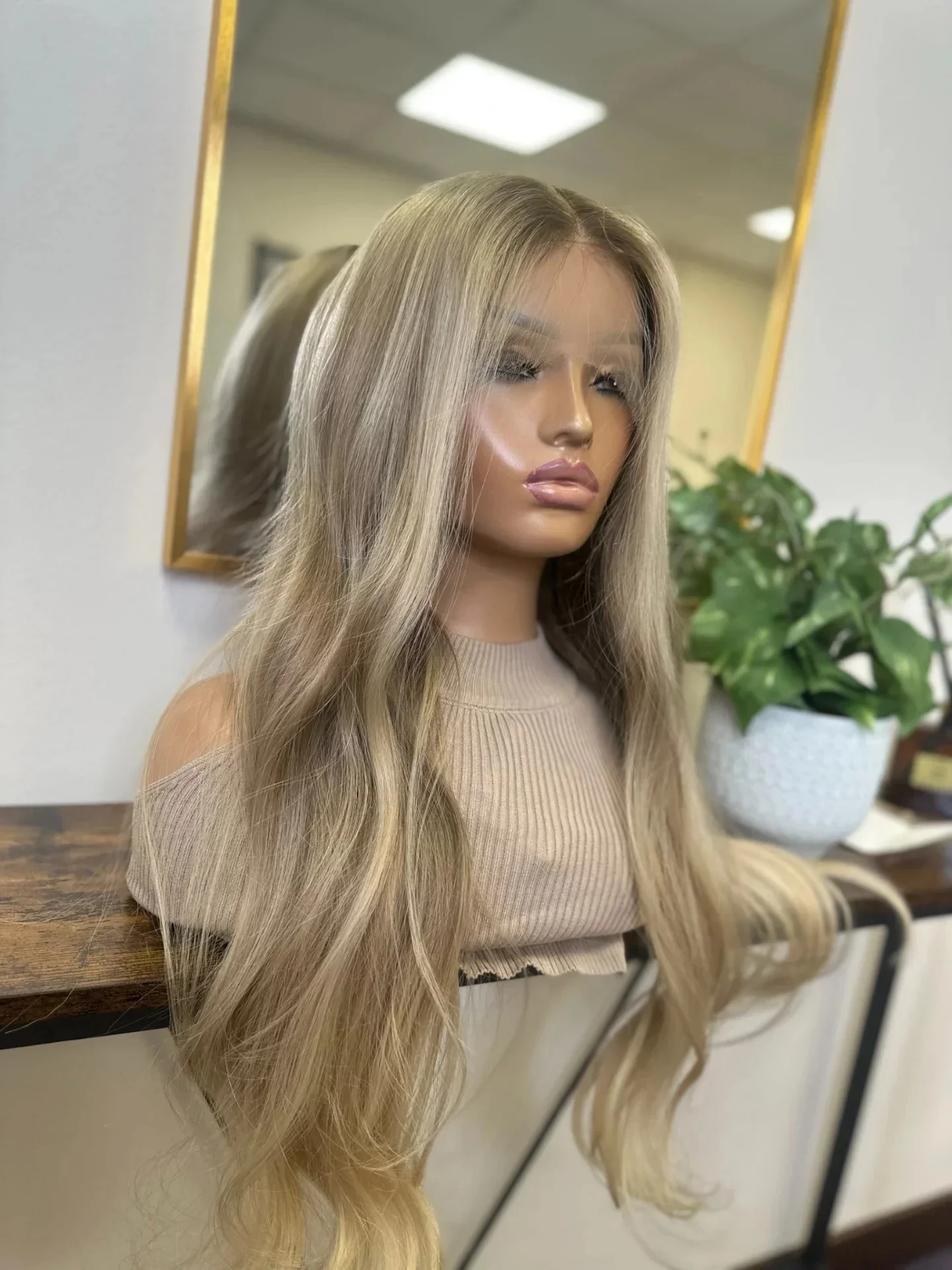 26 Inches Ombre Warm Blonde Highlights Synthetic Lace Front Wigs Middle Parting Realistic Look Natural Hairline Glueless Wigs