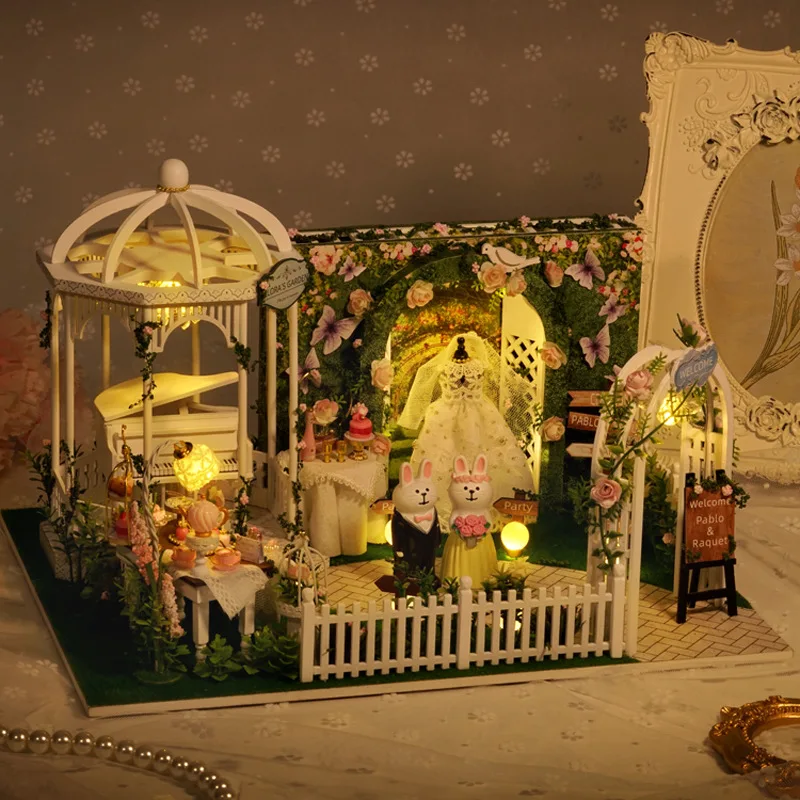 Nova casa de bonecas de madeira diy kits de construção em miniatura dia do casamento casa de bonecas com móveis luz brinquedos para meninas presentes aniversário