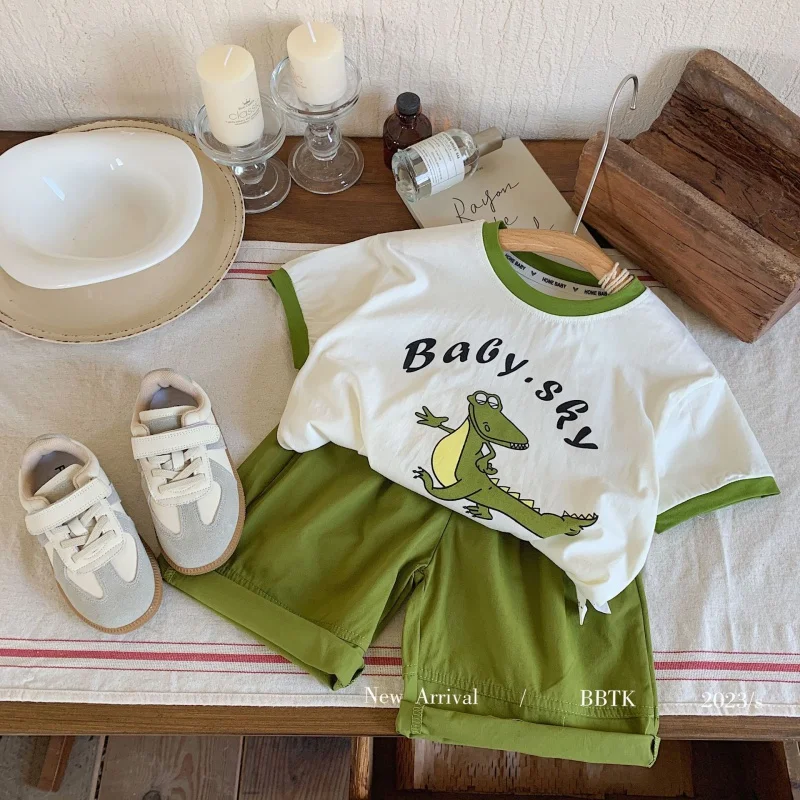 

Children's Suit Summer Men's Children's Korean Style Fresh Green Dinosaur Cute Two-Piece Suit F0157-WS