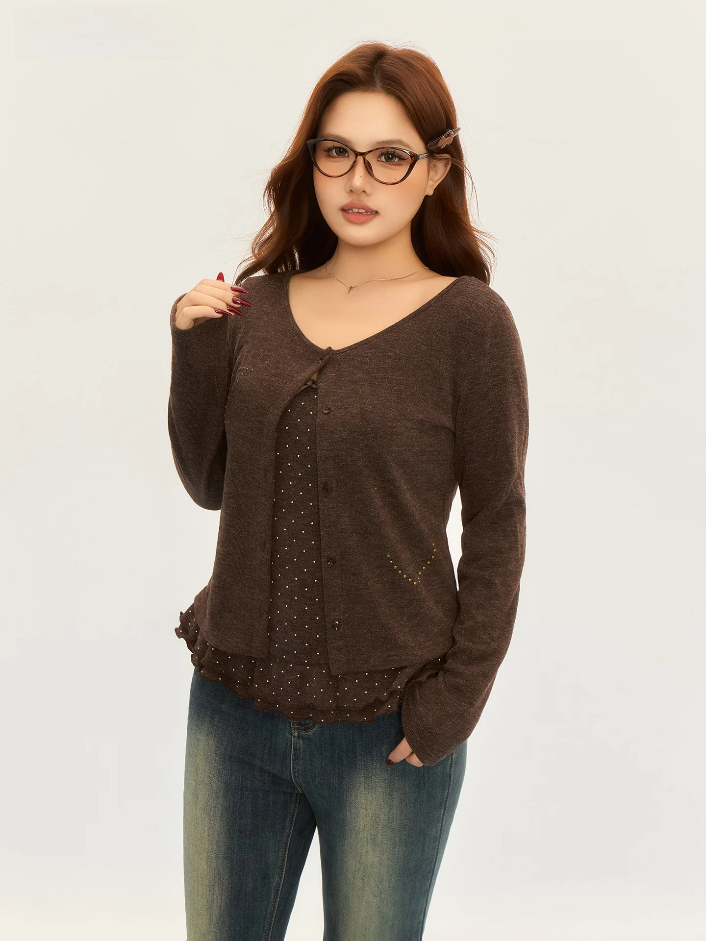 

Spring New Arrival Polka Dot Knitted Tank Top And Cardigan Two Piece Set Women's Friendly plus Size Lightweight Faionable