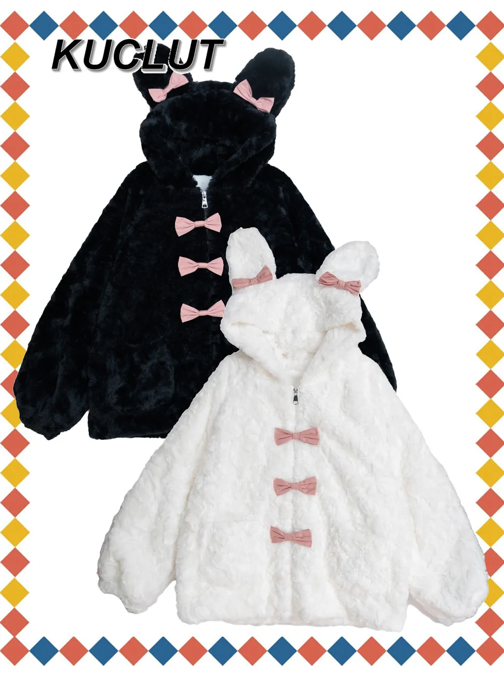 

Sweet and Cute Faux Fur Jackets Butterfly Knot Bear Hooded Fleece Lined Fluffy Warm Coats for Women Winter Thick Coat