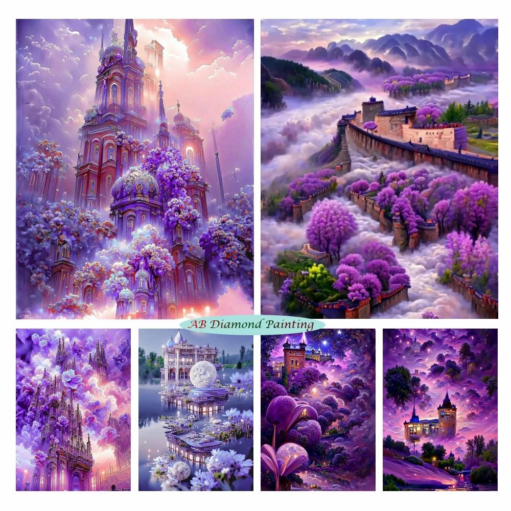 

Purple Landscape 5D AB Diamond Art Painting Nature Heaven Mosaic Floating Castle Scenery Cross Stitch Embroidery Kit Home Decor