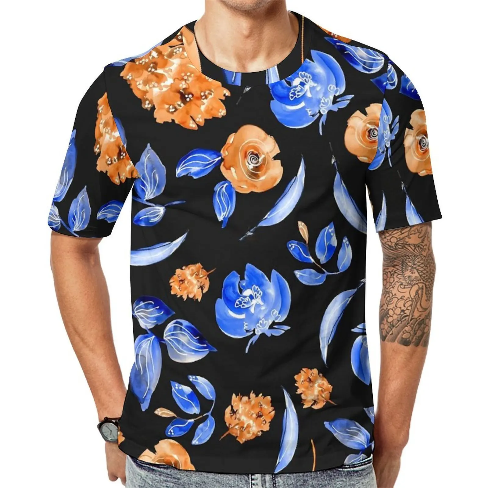 Premium T-Shirt Blue Flower T Shirts Orange Floral Print Casual Fashion Tees For Men Short-Sleeve Graphic Plus Size Clothes