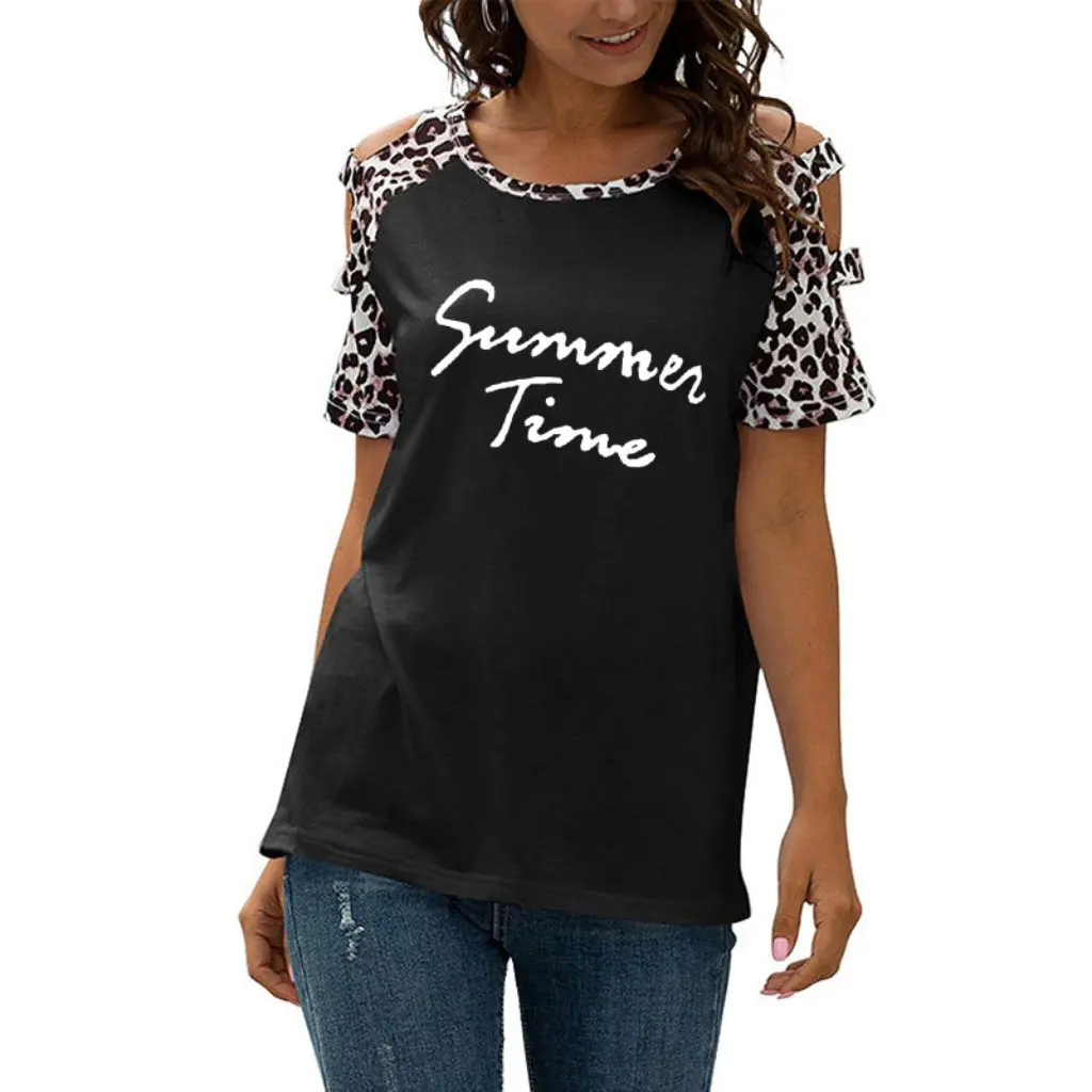 

Women's round Neck Short Sleeve T-shirt English Letter Print Casual Hollow Stitching Leopard Pattern European American Style