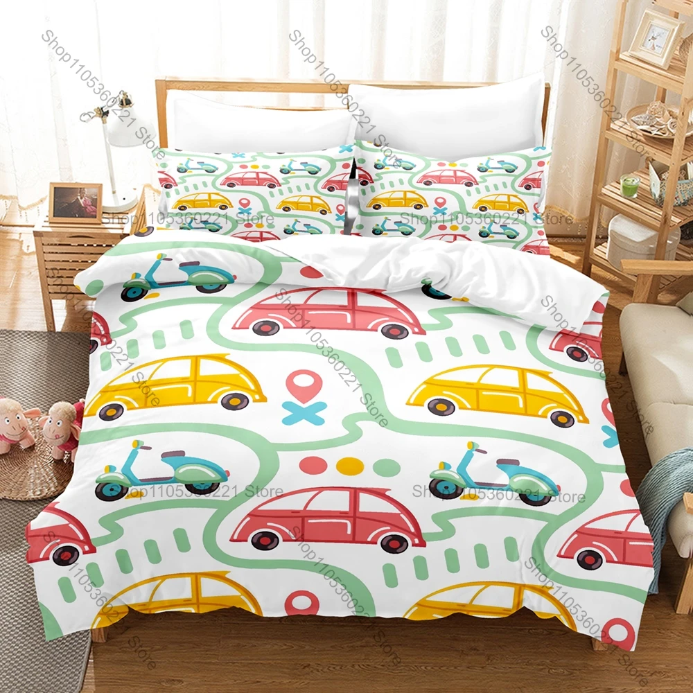 

Cute Kawaii Cars Printed 3PCS Bedding Set, Fun Truck & Car Pattern Duvet Cover & Pillow Shams Fashion Bedroom Decor Gift