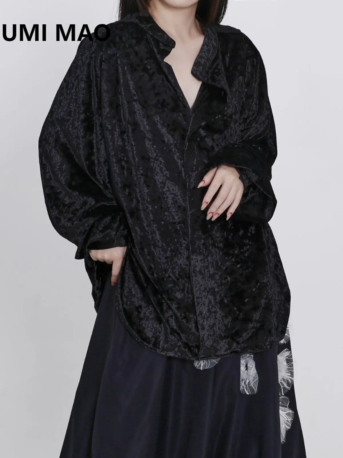 UMI MAO Spring Dark Top Series Short Front And Long Rear Design Niche Retro Velvet Drape Loose Bat Sleeve Shirt