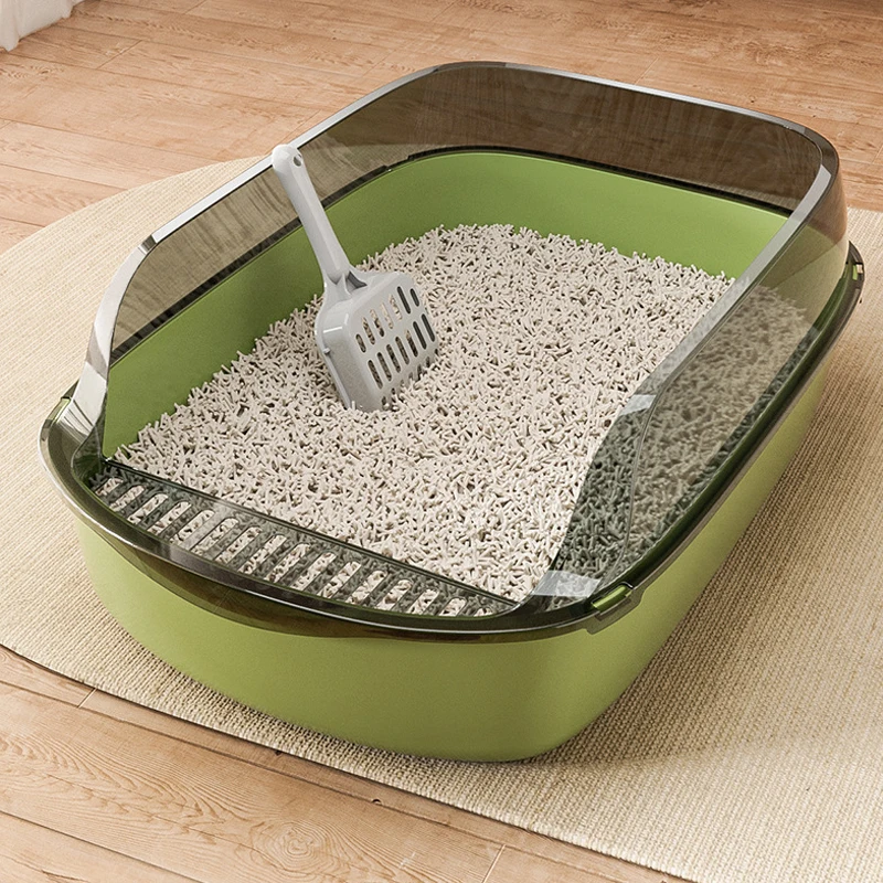 Caja de arena para gatos, caja de arena gruesa para gatos, bandeja semicerrada de lado alto a prueba de salpicaduras para gatos, suministros para lavabo de limpieza de inodoro con cuchara