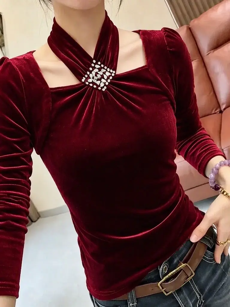 Fashionable Square Collar Long Sleeve T-Shirt Women's Design Sensation Hanging Neck Top Elegant Versatile Base Layer Small Shirt