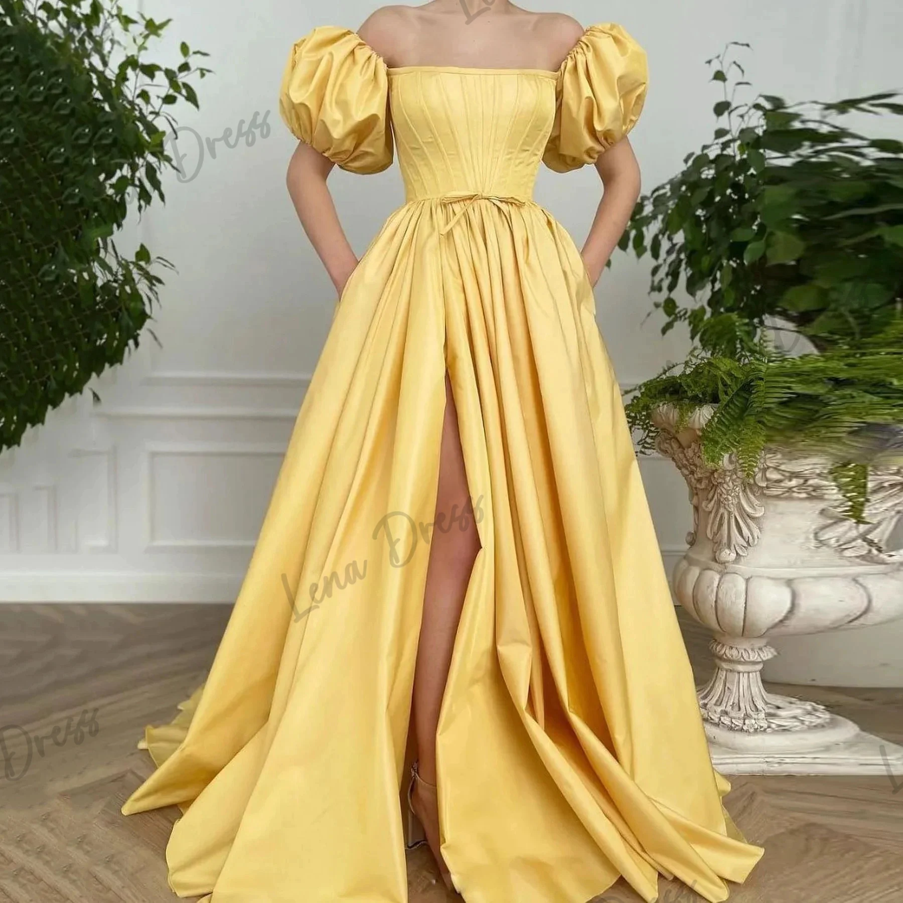 

Lena-Yellow satin A-shaped ball dress 2024 short sleeved tight fitting corset back formal dress with pockets and leg slits