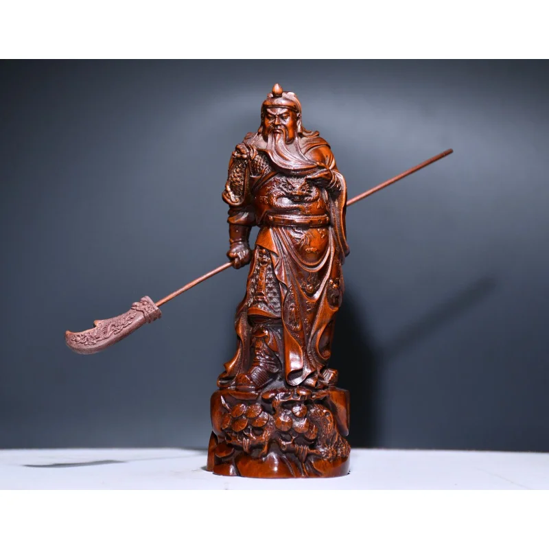 

4.7" Chinese Box-wood Hand Engraving Stand Guan Gong Yu Warrior God Statue Craft Gift Decoration Home Decore