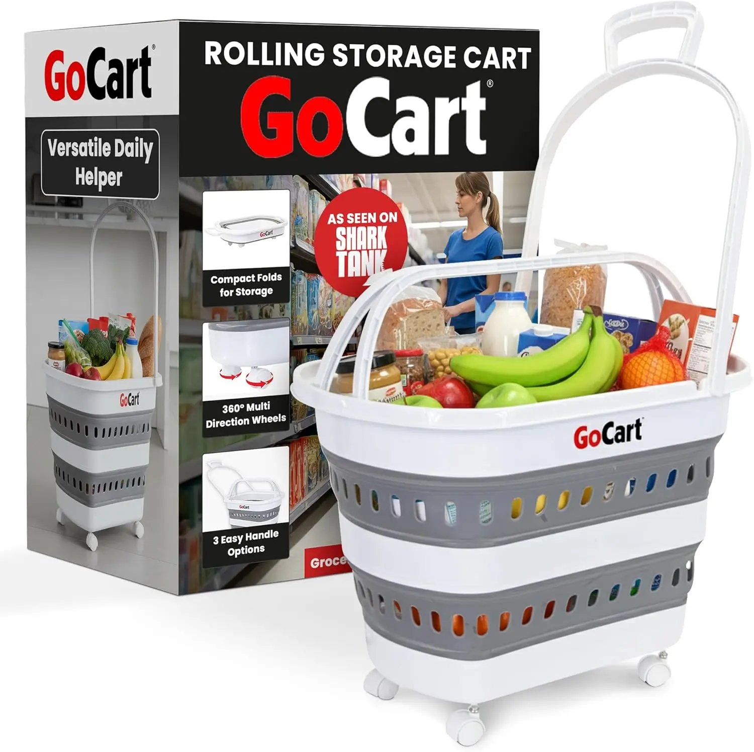 

Collapsible Folding Laundry Basket with Wheels, Multi-Use Grocery Shopping Cart in White