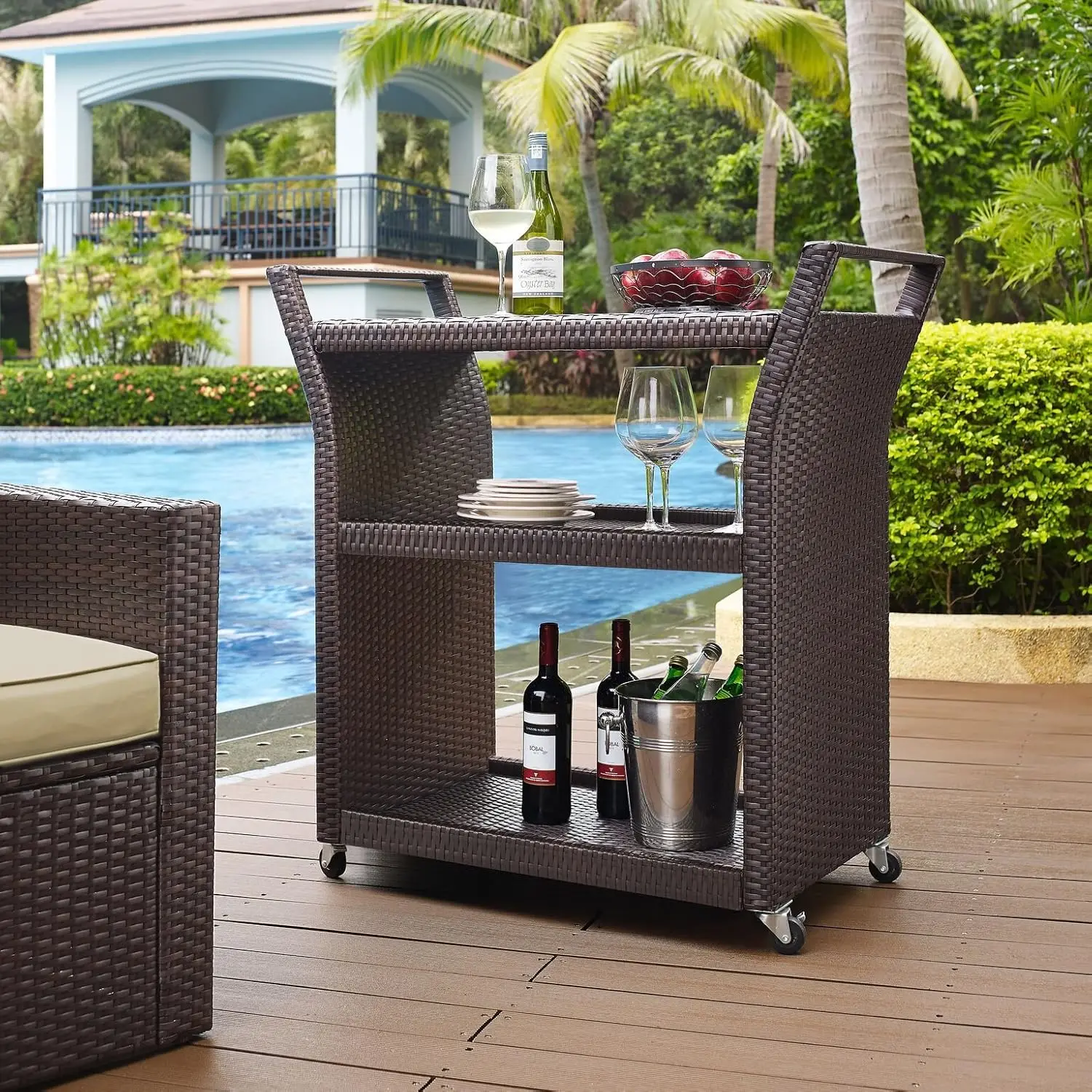 Palm Harbor Outdoor Wicker Rolling Bar Cart - Brown