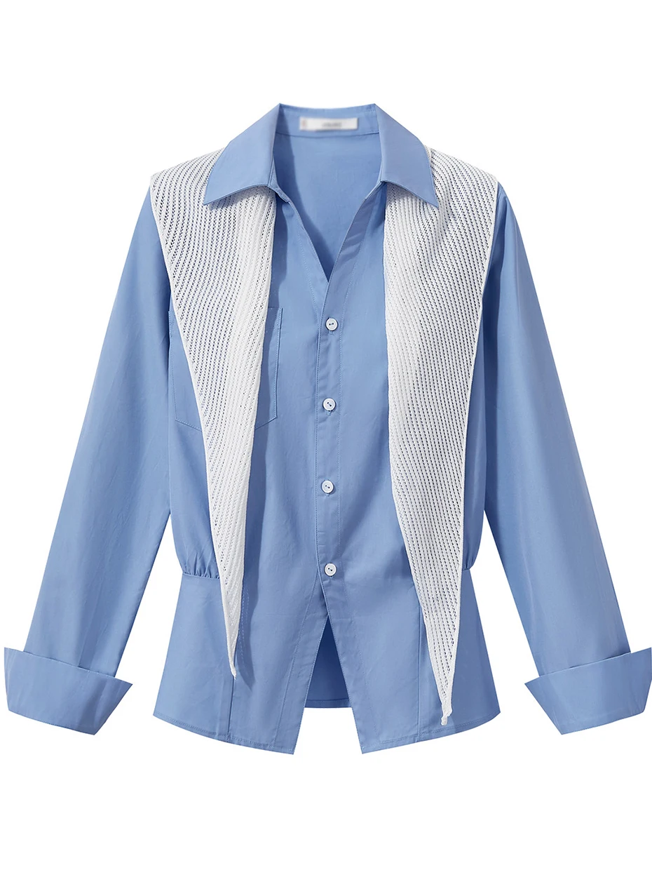 

Slim Fit Neck Shirt Korean Style Blue Women's Commute Fashion Waist Cinched Top Spring Season Ladies Business Casual