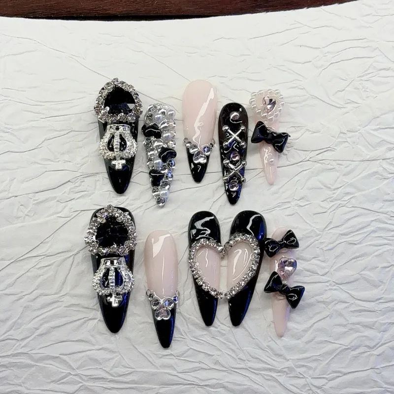 10 uñas postizas hechas a mano, estilo spicy girl, negro y rosa, largas, almendra, con moño metálico pesado 4