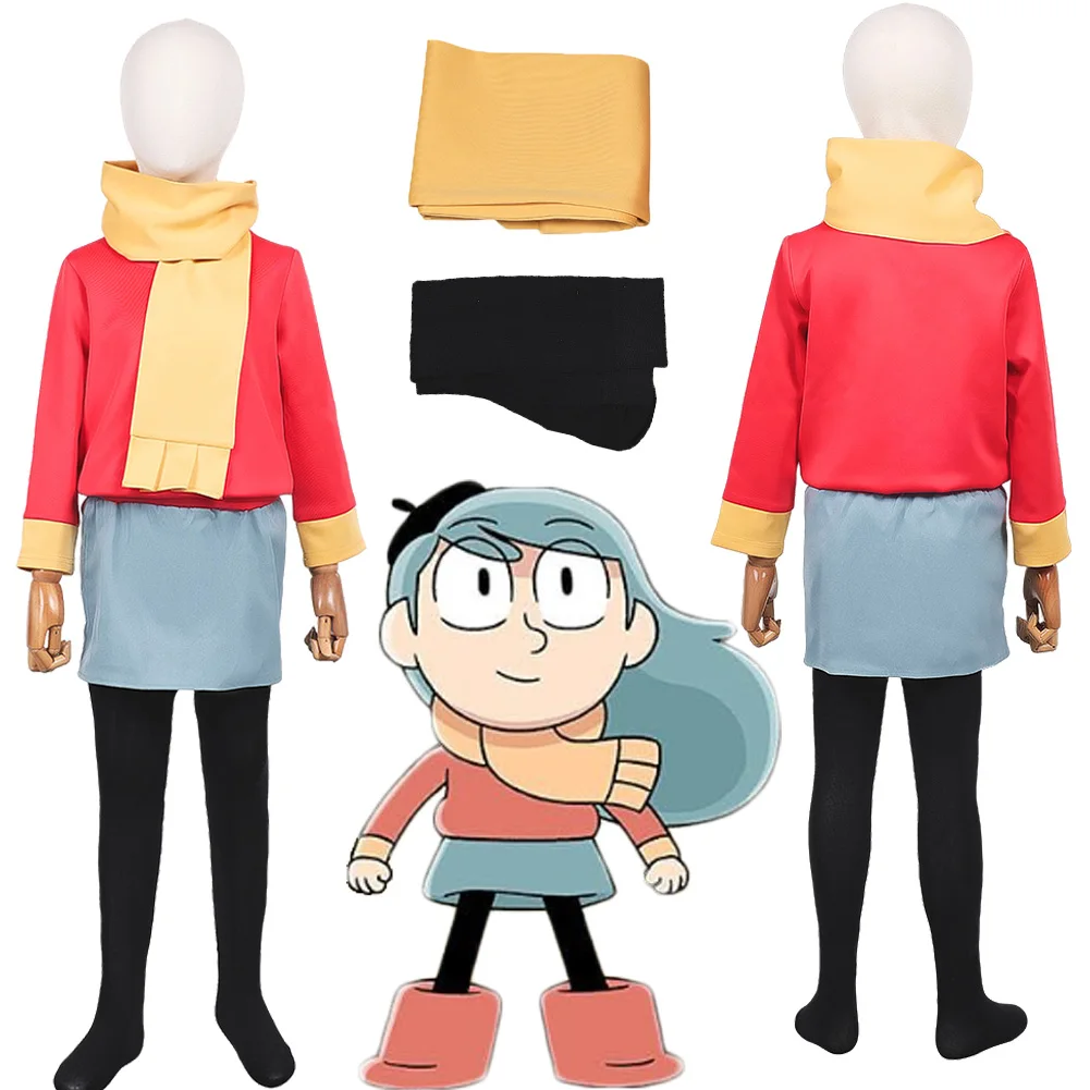 

Girls Cartoon Hilda Cosplay Red Top Blue Skirt Costume Outfits Scarf Leg Socks Hilda Roleplay Halloween Carnival Kids Clothing