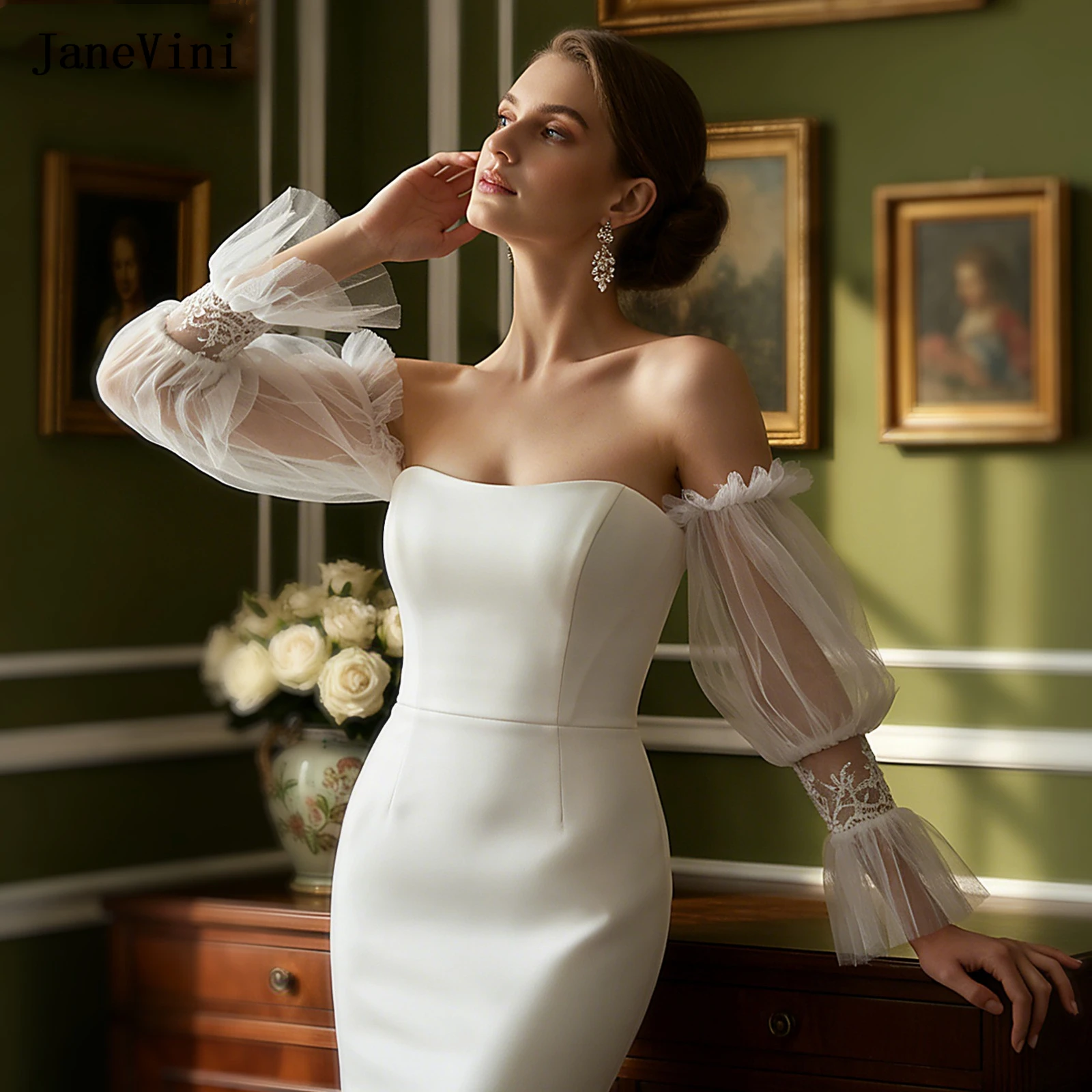 

JaneVini New Off White Bridal Gloves Fingerless Handmade Lace Embroidery Soft Tulle 52cm Long Gloves Wedding Dress Accessories
