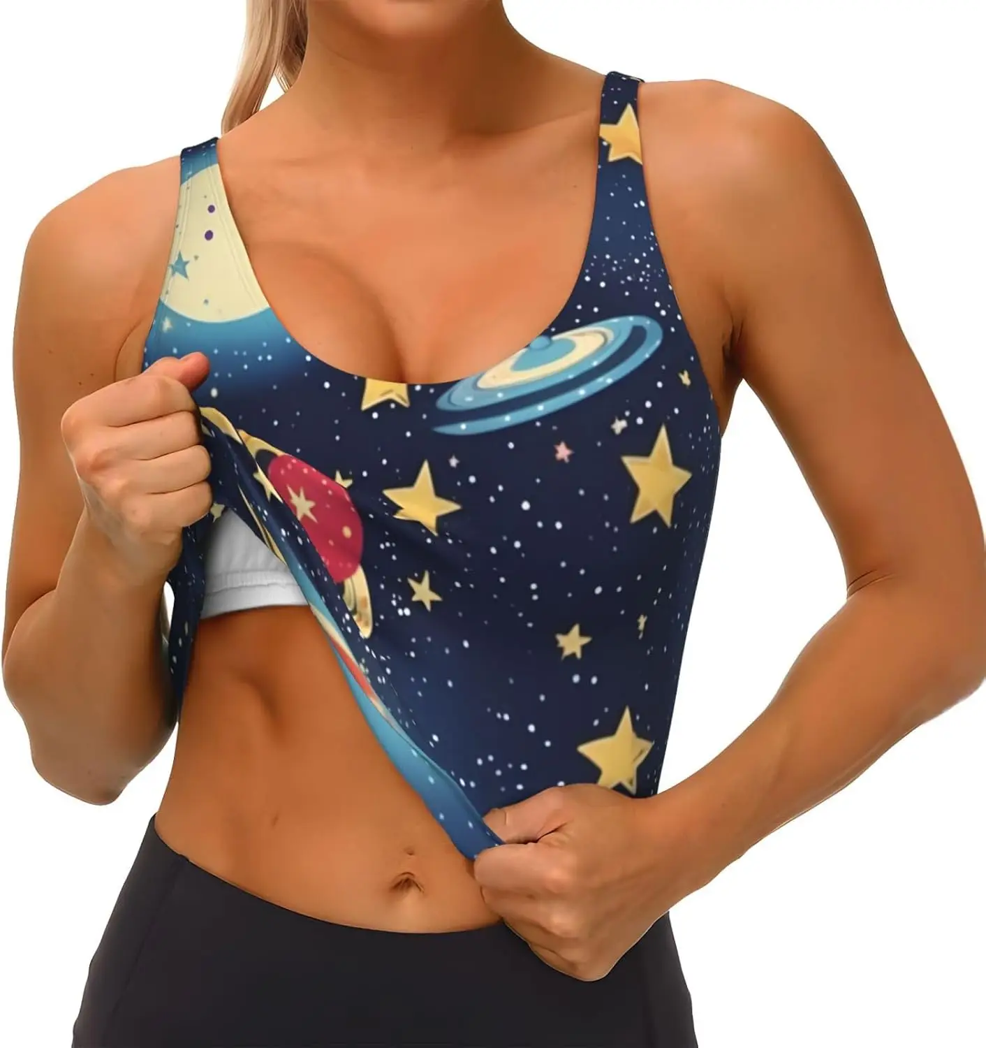 سترة رياضية بدون أكمام للسيدات بطباعة مساحة السماء المرصعة بالنجوم، سترة يوجا خفيفة الوزن مع حشوة قابلة للإزالة