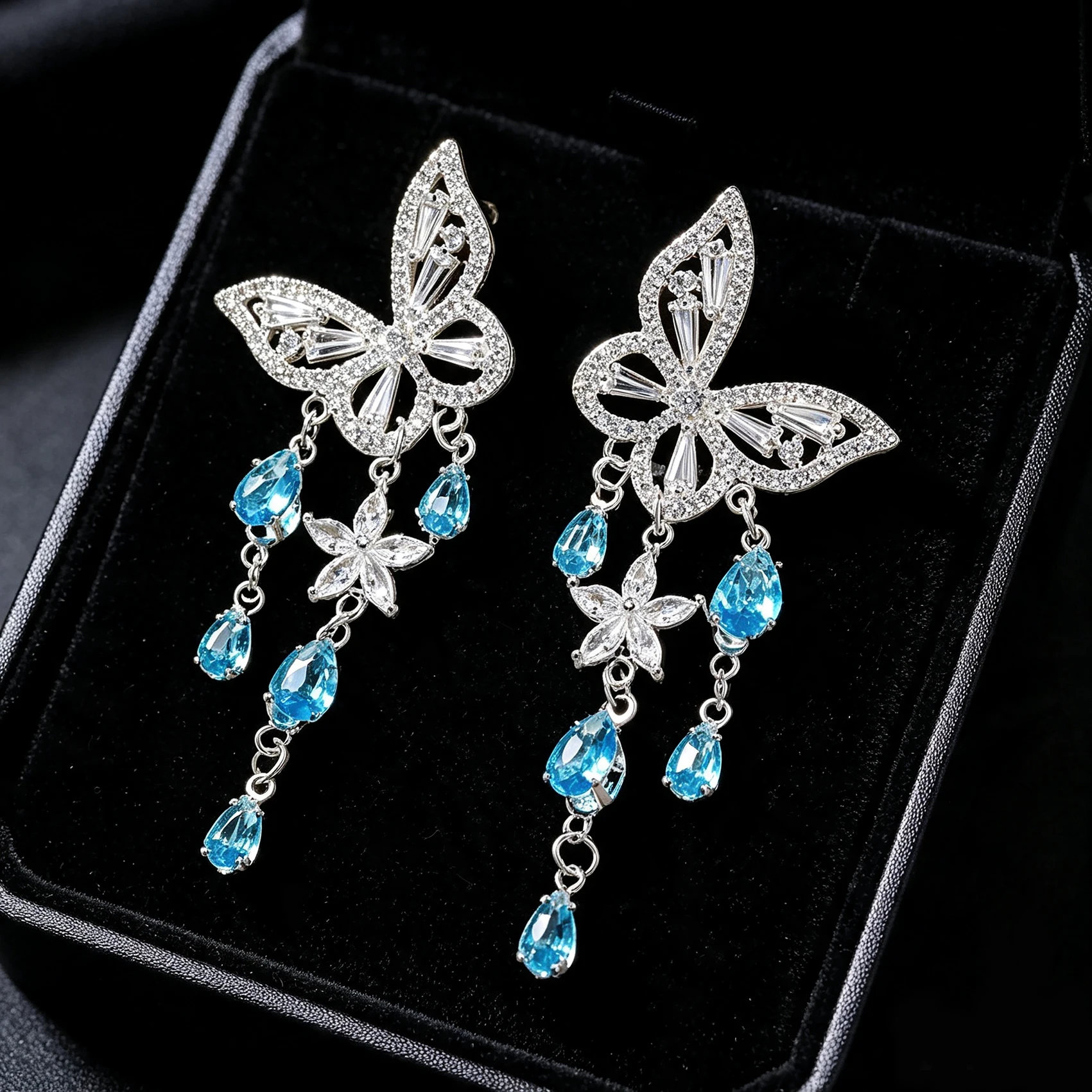 S925 Sterling Silver Butterfly Blue Crystal Tassel Earrings Sparkling Zircon Drop Earrings for Women Party Wedding Jewelry Gift