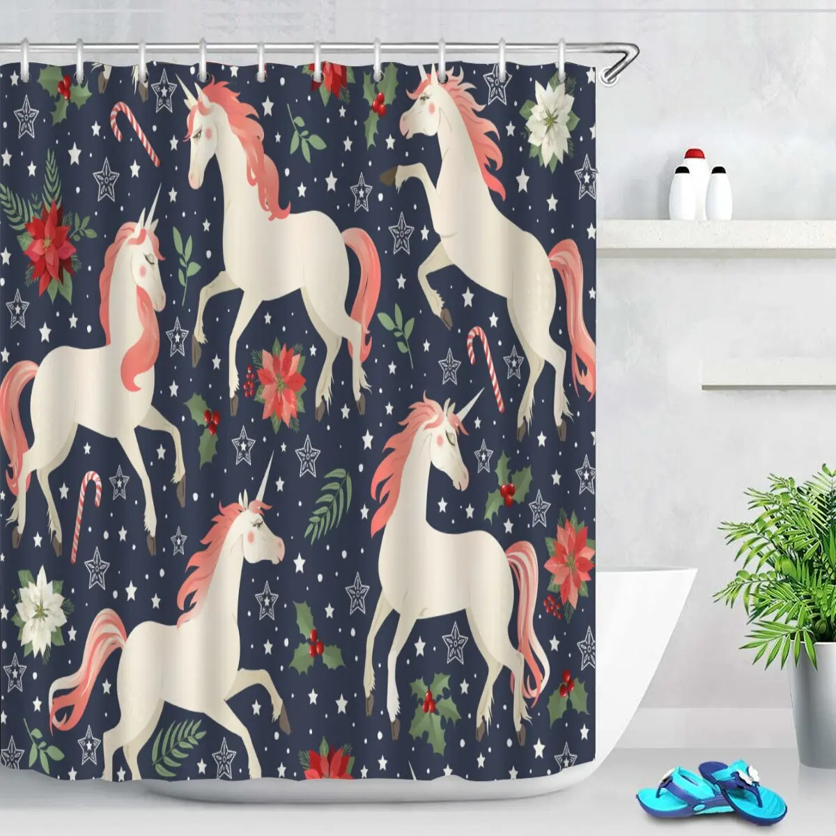 

Christmas Wreath Bathroom Curtains Christmas Gift Elk Shower Curtains Bathroom Waterproof Fabric New Year Holiday Decor Hooks