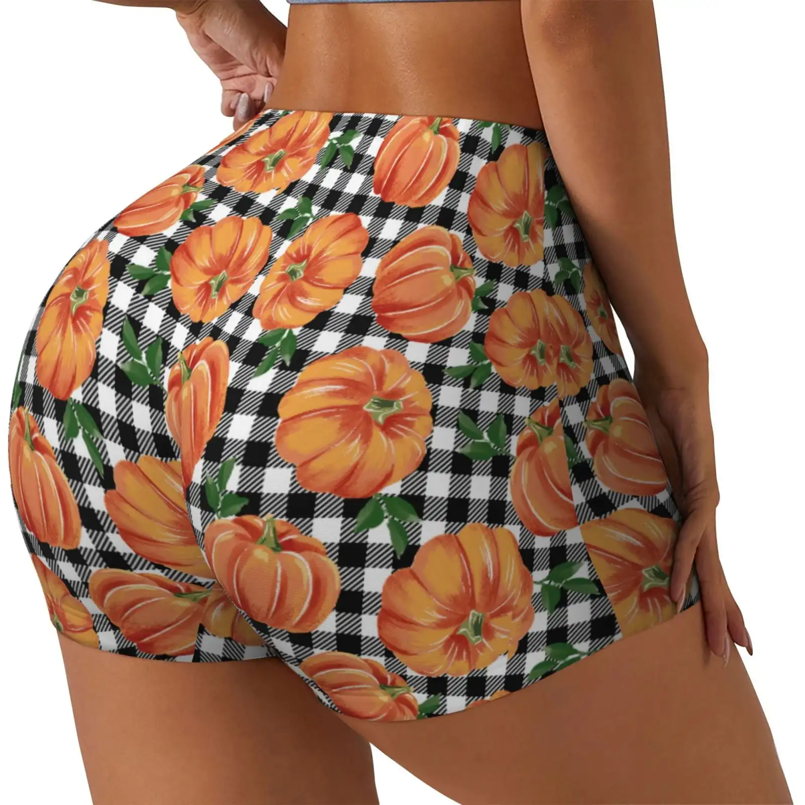 Autumn Pumpkins Gingham Print Workout Shorts for Women Seamless Soft Smooth Gym Yoga Scrunch Active Shorts