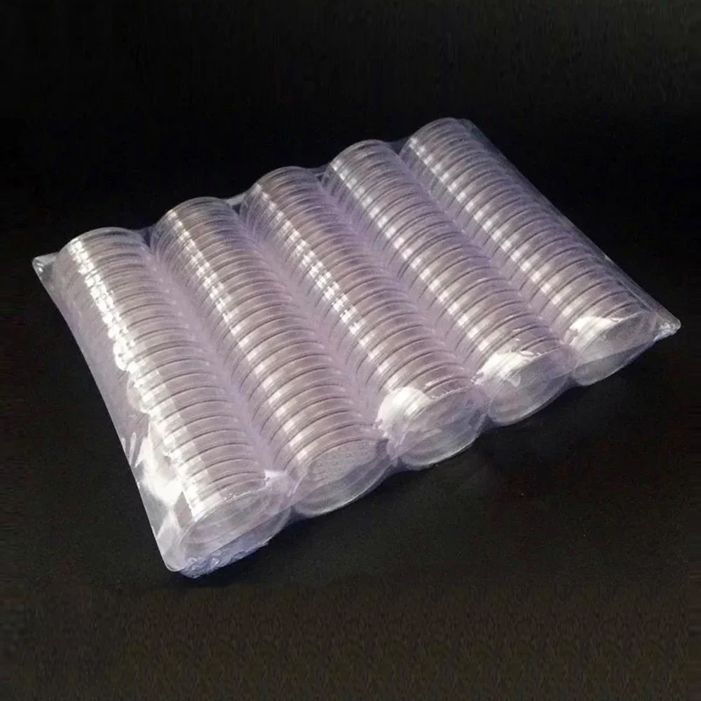 Capsules rondes transparentes en plastique, 100 pièces, 16/18/20/21/23/24/26/28/30/33/38mm, support de collecte de pièces de monnaie, conteneur de stockage