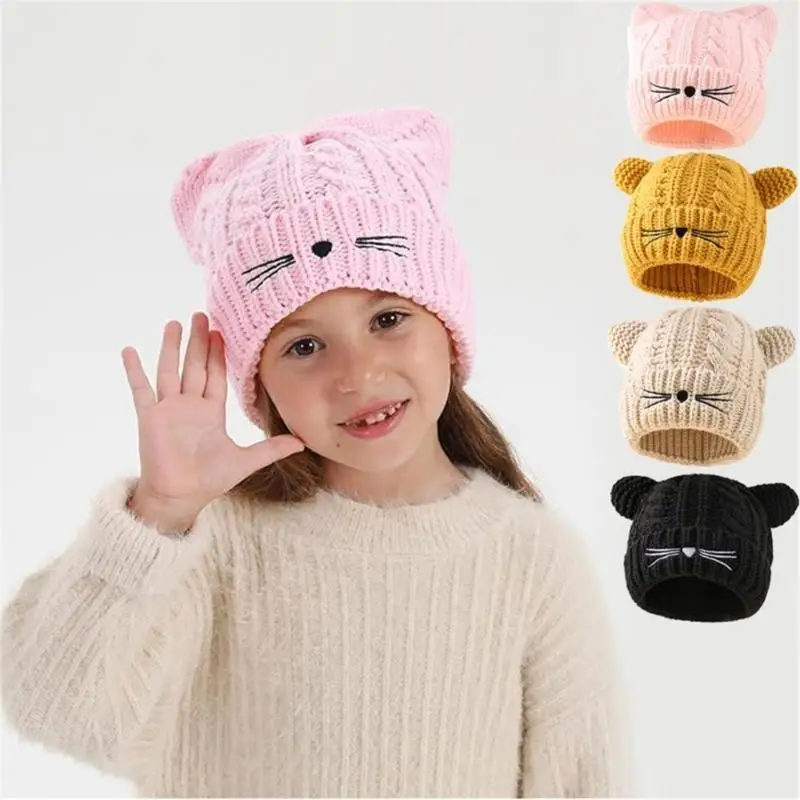 31BB Kids Knitted Hat Fun Embroidered Headwear Kitten Ears Theme for Outdoor Sports Workout