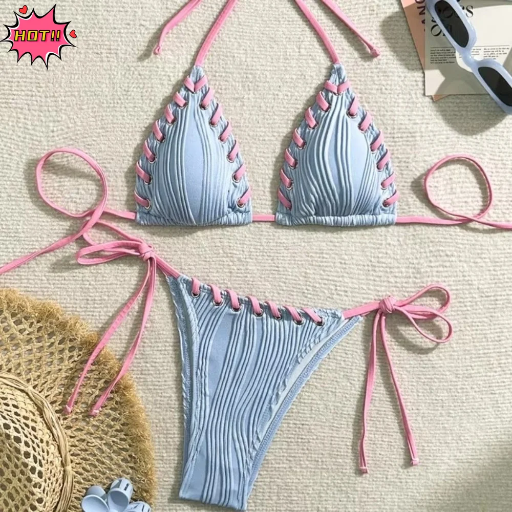 

Новый комплект бикини из 2 предметов для женщин: раздельный купальник с завязками на шее, летний, эстетичный, сексуальный, для плавания и активного отдыха