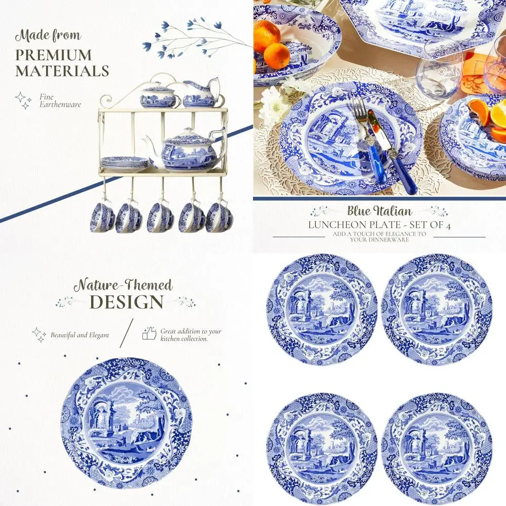 

Set of 4 Blue Italian 9-Inch Porcelain Plates - Classic Round Dishes with Eastern-Inspired Border - Elegant Blue & White Tablewa