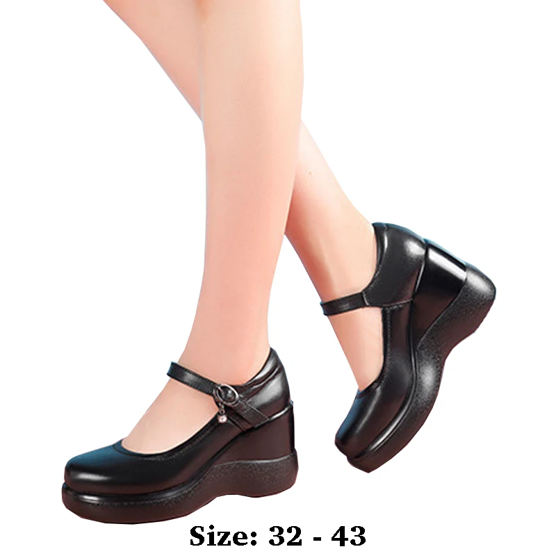 

high quality leather wedge shoe for women 8cm high heel platform round toe 32 33 43 elegant fashion shoe black white