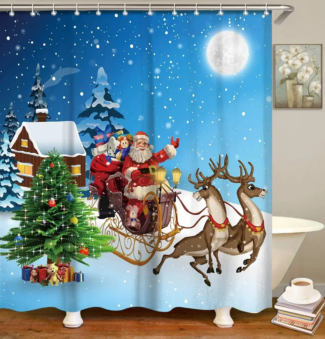 Christmas Shower Curtain By Ho Me Lili Santa Reindeer Xmas For Bathroom With Hooks Sleigh Cabin Winter Holiday