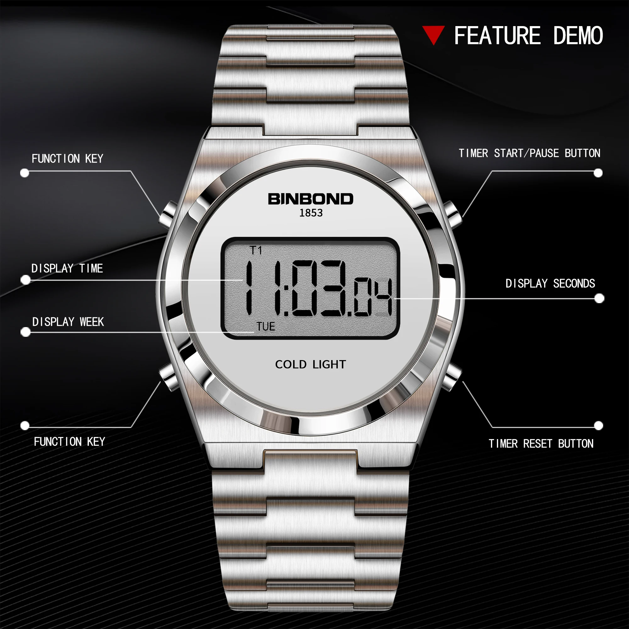 BINBOND ساعة رياضية رقمية جديدة للرجال فاخرة من الفولاذ المقاوم للصدأ إلكترون مقاوم للماء ساعة يد رجالية ساعة مضيئة Reloj Hombre