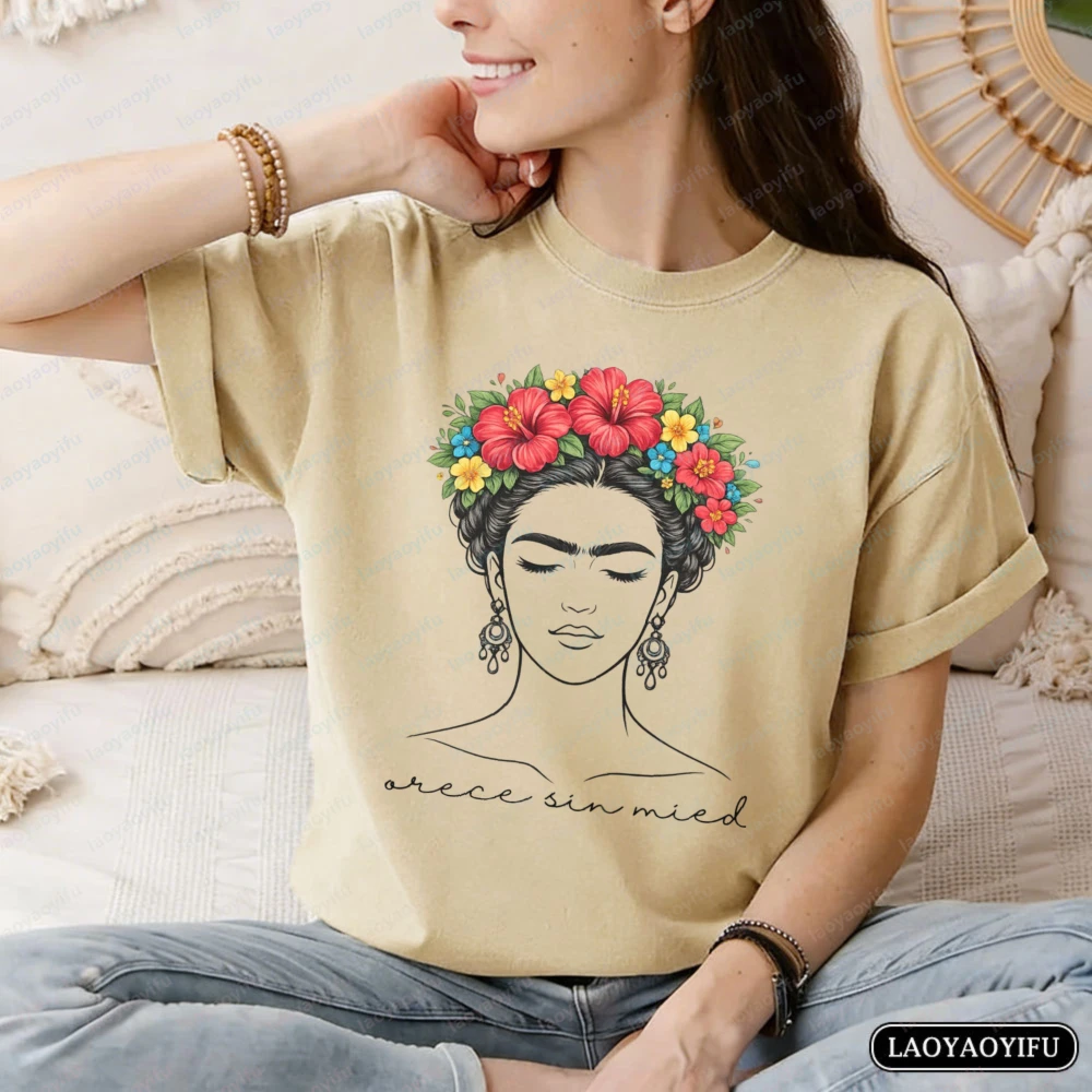 

Frida Kahlo Flower Printed T-shirt Mexican Artist Tee Inspirational Casual Style Cotton Tops Festival Classic Fashion Clothes