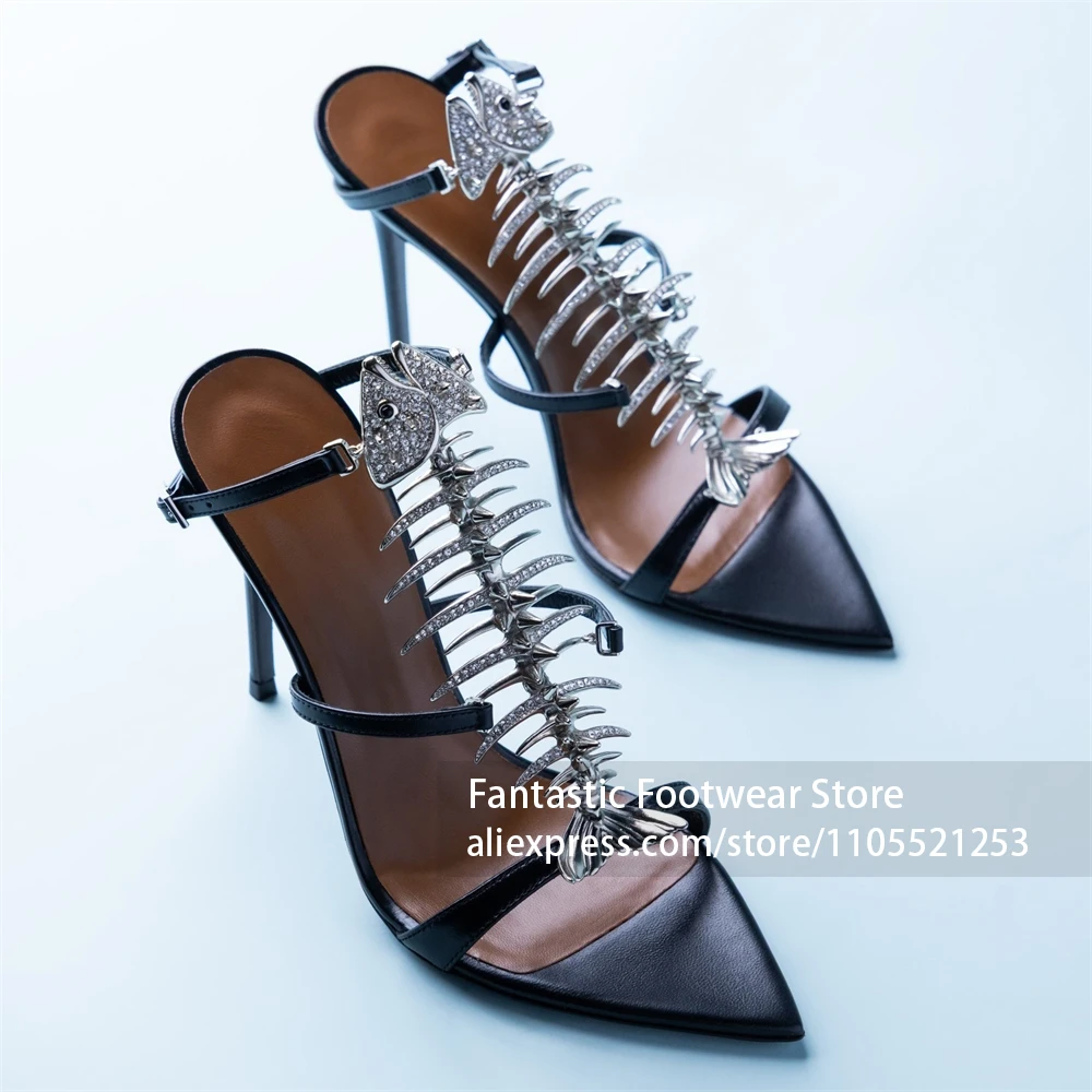 Rhinestone Fishbone Skeleton Decor Pointed Toe High Heels T-strap Vamp Structure Stiletto Heel Sandals Luxury Sexy Glam Sandals