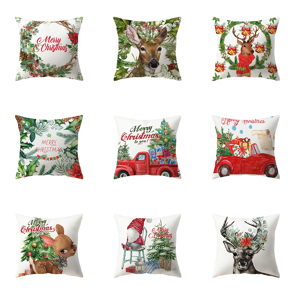 Christmas Theme Elk Truck Print Pattern Cushion Cover Home Living Room Sofa Decoration Polyester Pillow  