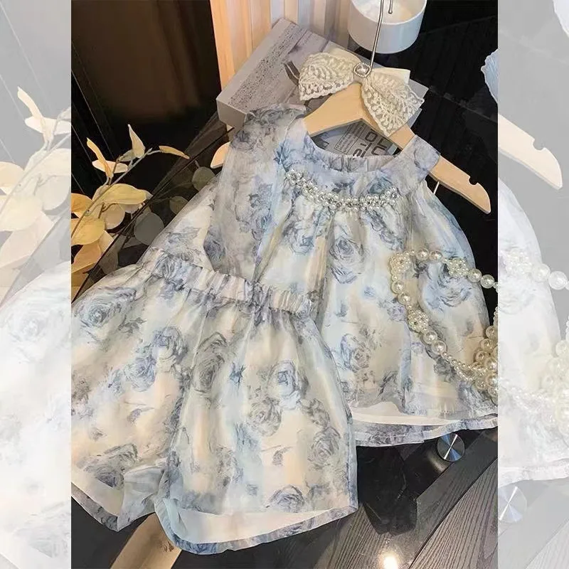 

XH-Girls' Suit2024Summer New Style Children's Western Style French Sleeveless Top Baby Girl Shorts Stylish Two-Piece Suit