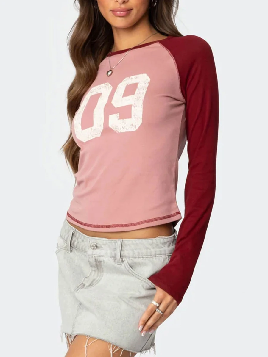 Grafik-Herbst-T-Shirt für Damen, schmaler Nummerndruck, Raglan, langärmelig, Rundhalsausschnitt, bauchfreies Hemd, lässig, Teenager-Mädchen-T-Shirt, Pullover, Streetwear