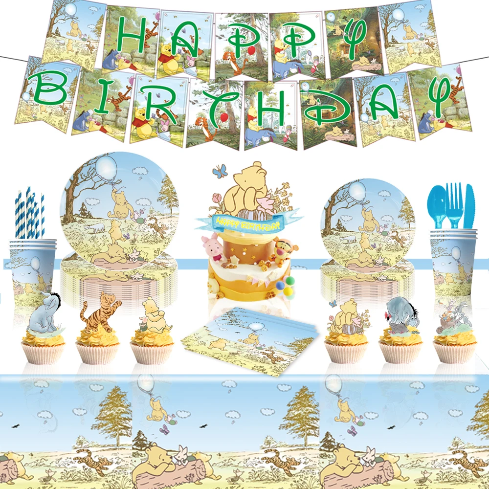 Winnie The Pooh Birthday Party Decorations Balloon Tablecloth Paper Cups Plates Banner Cake Toppers for Kids Boys Baby Shower