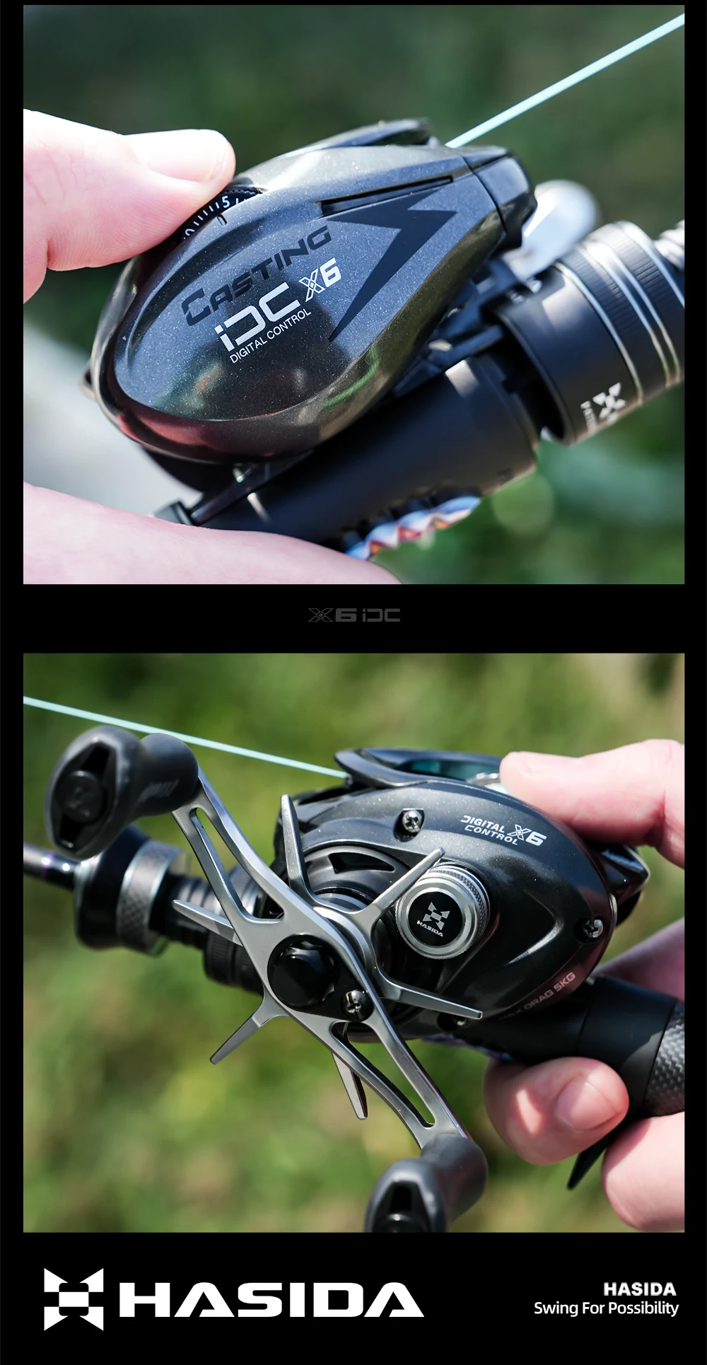 HASIDA X6 DC Baitcasting-Rolle IDC Digitalbremse Anti-Backlash Low-Profile-Wurfrolle 7.1:1 Leichter Carbonrahmen – Detail 16