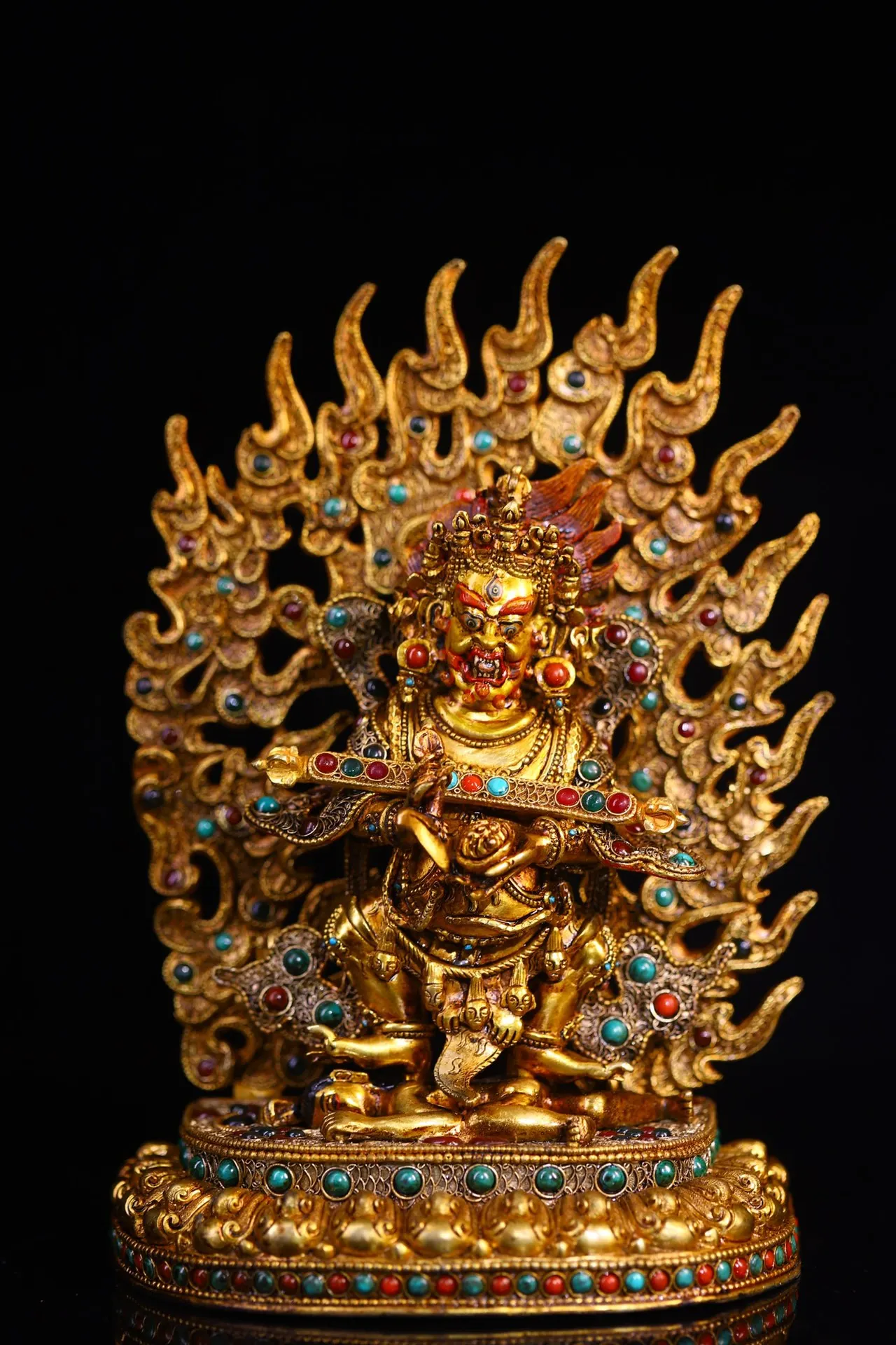 

10"Tibetan Temple Collection Old Bronze Outline in gold Mosaic Gem Mahakala Vajra Buddha Lotus Platform Backlight Worship Hall